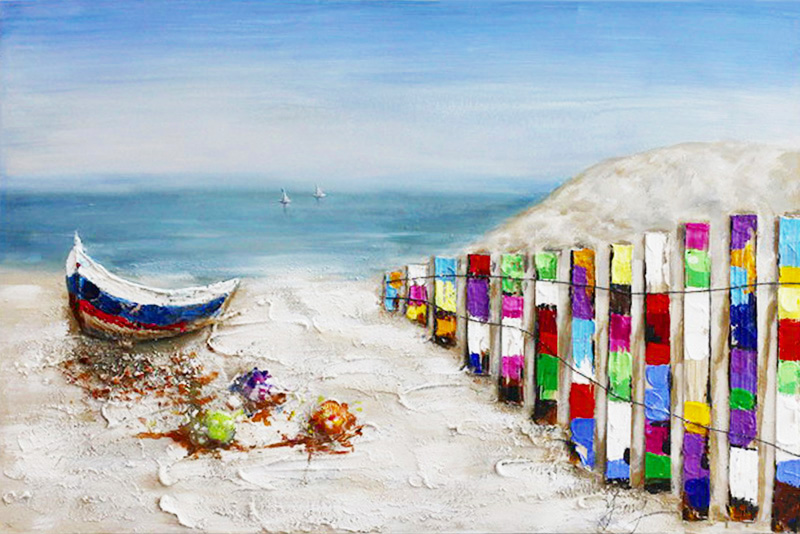 HA104 Wall décor art oil on canvas seascape beach and boat colourful